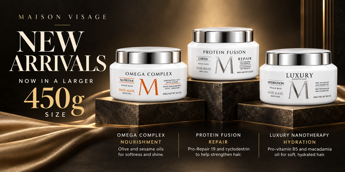 Maison Visage new arrivals, now in a larger 450g size: Omega Complex for nourishment, Protein Fusion for repair, and Luxury Nanotherapy for hydration, on a black and gold background.